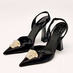 Versace Elegant Black Slingback Heels with Gold Embellishment